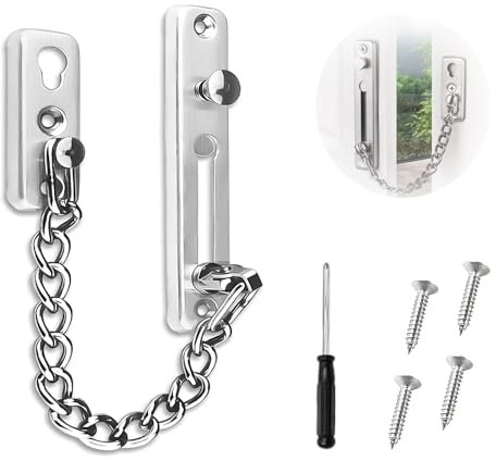 Door Chain Lock for Front Door – Heavy-Duty Security Chain with Screwdriver and 4 Screws for Home & Office – Silver Metal Construction for Enhanced Safety Security for Home, Hotel