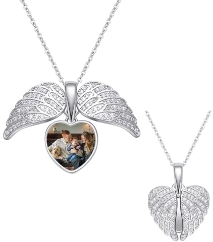 GBTROEY Collana con medaglione con foto personalizzata, collana con ciondolo con immagine a forma di ali di angelo, regali di gioielli commemorativi per le donne della mamma