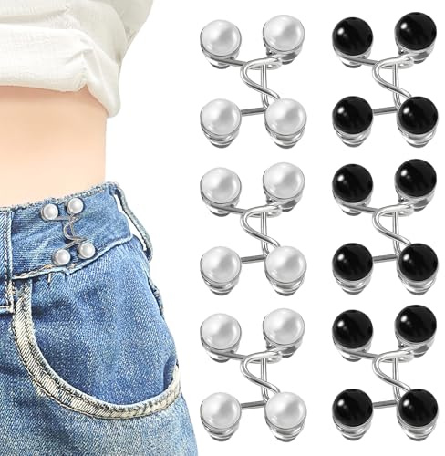 Botones Jeans Ajustable, 6 Pares Ajustador de Pantalones, Boton para apretar Pantalones, Botones para Ajustar Jeans, Hebilla de Cintura, para Vaqueros, Ropa, Faldas (Negro, Blanco)