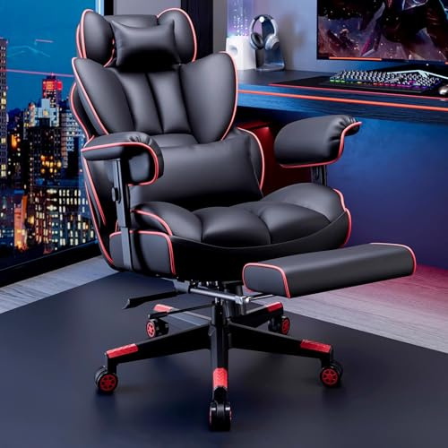 Silla Gaming Ergonómico, Silla Gamer con Reposapiés Telescópico, Sillas Gaming con Respaldo Regulable, Ajuste de 145° de Múltiples Velocidades, Gran Capacidad de Carga, para Adultos(Red)