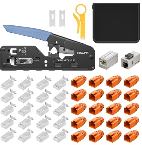 iwillink RJ45 Crimpzange Set mit 20 x Cat 7 Stecker | 1x Abisolierzange, 1x RJ45 Cat7 Kupplung,1x RJ45 Keystone Modul, RJ45 Stecker Pass Through und geschirmt