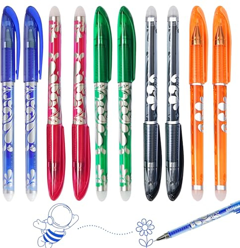Aihoom 10pcs Stylos Gel Effaçables - Stylo Gomme à Encre Effaçable 0.5mm - Effaçables et Réutilisables pour Écriture Précise (Rouge, Noir, Bleu, Vert, Orange)