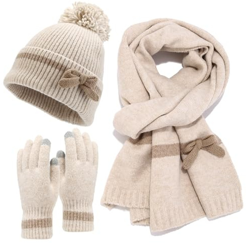 HAWILL 3 Teiliges Mütze Schal Set Damen Strick Gefüttert Beanie Mütze Damen Wintermütze Bogen Frauen Geschenkset Winter Beanie mit Bommel für kaltes Wetter (Beige)