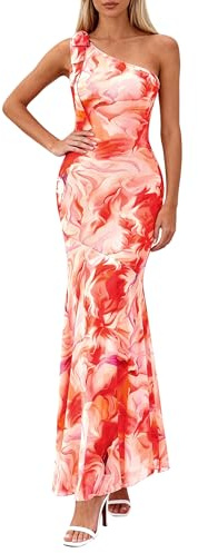 PRETTYGARDEN Womens Summer One Shoulder Maxi Dress 2026 Floral Sleeveless Bodycon Mesh Long Beach Vacation Sun Dresses (Orange Watercolour,X-Large)