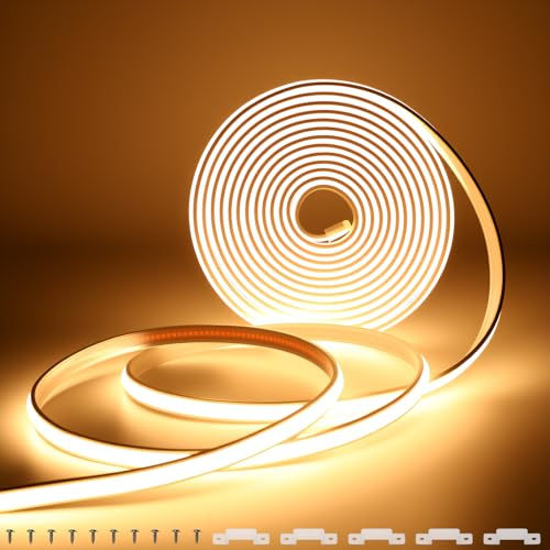 FWoche COB LED Streifen neon warmweiß 5m 24V Wasserdicht IP67 Ohne Netzteil | Superhell, dimmbar, 320LEDs/M, Selbstklebend, Silikon Flexibel Lichtleiste für Küche, Innen Aussen Deko, CRI90+