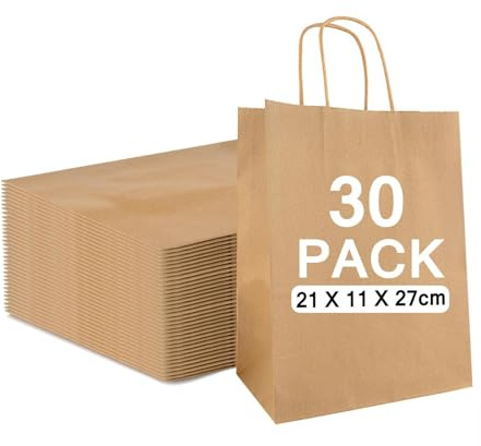30 st bruna papperspåsar med handtag, 130 GSM, presentpåsar i papper, miljövänligt hantverk för gåvor, gör-det-själv, fest, shopping, detaljhandel, livsmedelsbutik, bröllop, födelsedag och avhämtning