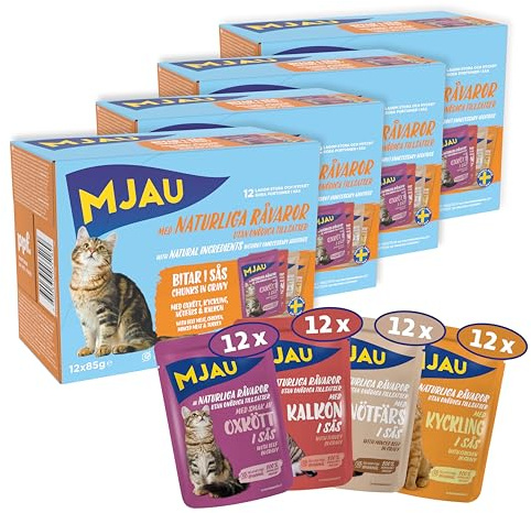 Mjau 48x85g bitar i sås med kyckling, oxkött, kalkon & nötfärs – 4× Multipack våtfoder för katter i storpack. Recept utan spannmål, utan tillsatt socker och i praktiska portionspåsar.