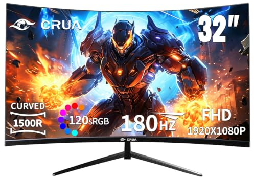CRUA 32 Inch Curved Monitor 180Hz Gaming Computer Monitor, FHD 1080P 1500R Curvature 120% sRGB VA Panel, HDR10, Supports AMD FreeSync, Equipped with HDMI and DisplayPort Ports, for PC and PS5, Black