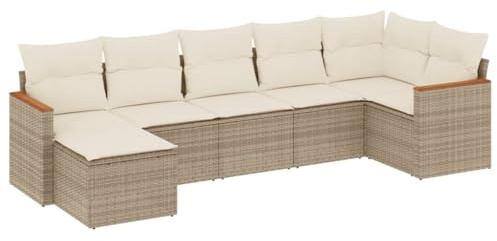 Qnhdfrt 7-TLG. Garten-Sofagarnitur aus Poly Rattan, Loungemöbel-Set für Garten und Terrasse, modulares Lounge-Sofa in Beige inkl. Sitz- und Rückenkissen, komfortable Sitzgruppe für Außenbereiche