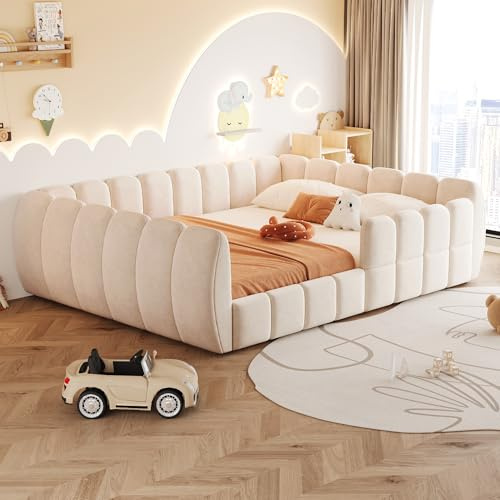 Kinderbett Bodenbett 140x200, Polsterbett Doppelbett mit Rausfallschutz&Lattenrost, Montessori Bett Bed Gitterbett Kinder Jugendbett Gepolstertes Bett Spielbett Bettgestell, Samt, Ohne Matratze, Beige