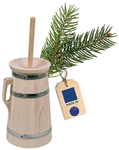 HOFMEISTER® Butterfass Holz 5 Liter – 3-teilig mit Stampfer und Deckel, Butter selber Machen wie früher, traditionelle Böttcher-Handarbeit, Fichte (1 Stück)