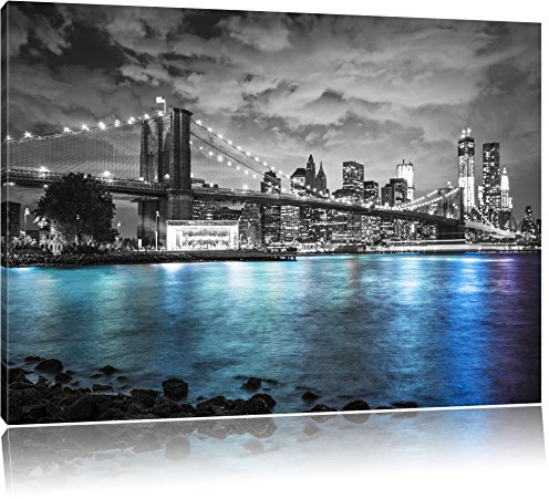 Pixxprint New York Skyline am Abend B&W, Größe: 80x60cm, Leinwandbild, fertig gespannt, Wandbild, Dekoration, Kunstdruck, kein Poster