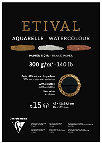 Clairefontaine 975320C - Malblock verleimt 2 Körnungen, 1 Seite Etival Papier, 15 Blatt 42x59,4 cm 300g , Schwarz