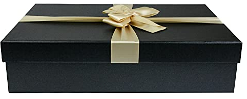 Emartbuy Rigid Gift Box, 38 cm x 27 cm x 10 cm, Black Box with Lid, Brown Interior and Gold Cream Satin Decorative Ribbon