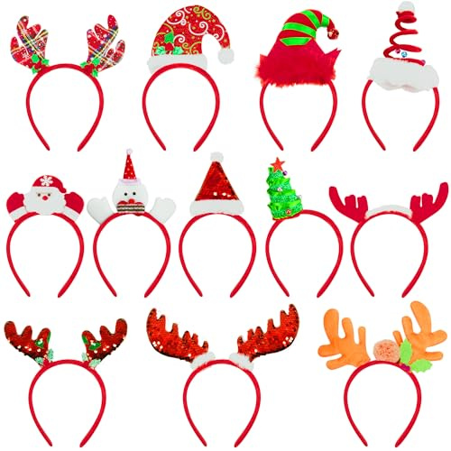 BQTQ 12 Stück Haarreifen Weihnachten Stirnbänder, Weihnachten Rentier Geweih Stirnband Haarbänder Santa Hut Bögen Stirnbänder Weihnachts Kopfschmuck