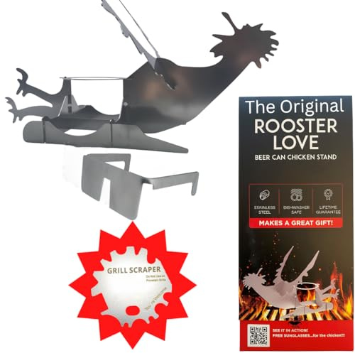Rooster Love Beer Can Chicken Stand - Asador de pollo de acero inoxidable para barbacoa, parrilla, horno, gran regalo, ahorra espacio, incluye gafas de sol gratuitas... para el pollo
