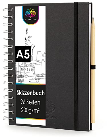 OfficeTree Skizzenbuch A5 Spiralbindung - Hochformat - 96 Seiten 48 Blätter - Sketchbook A5 200g - Weißes Blanko Papier - Skizzenbuch Aquarell - Skizzenheft inklusive Bleistift