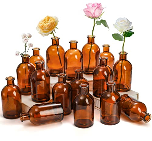 YOUEON 16 Pack Amber Glass Bud Vase, 8 Oz Living Bud Vases, Small Vases for Flowers, Decorative Amber Bottles for Table Centerpiece, Home Decor, Office, Wedding Reception, Vintage Style Brown
