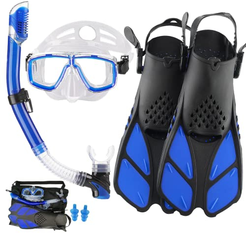 HH HHAO SPORT Schnorchelset Erwachsene mit Flossen,Schnorchelausrüstung in Reisegröße mit Kurzen Verstellbaren Schwimmflossen, Hochwertige Tauchermaske und Dry Top Schnorchel, mit Tragetasche