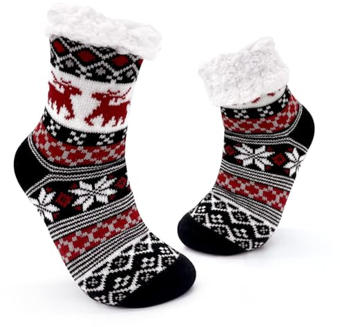 JOMIX Calze Antiscivolo Donna Calzettoni Natalizie Invernali Calzini Termiche da Casa Calze a Pantofola Taglia 36-42, MD7418, Nero