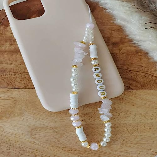 HANASE Handy-Gurt, Handy-Anhänger, Perlen-Buchstabe, Handy-Kette, natürlicher Muschel-Schmuck für Frauen, Anti-Verlust-Lanyard, T1