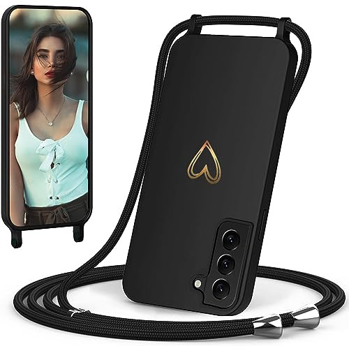 CaseLover Handyband für Samsung Galaxy S22 Hülle mit Band, Schwarz | Herz Muster, Silikon Necklace Handyhülle mit Abnehmbar Kordel zum Umhängen, Stossfest Bumper Handy Schutzhülle Case