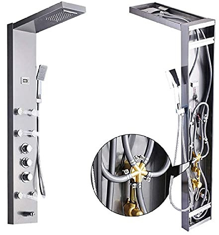Système De Douche Panneau De Douche À Effet Pluie Thermostatique Robinet Système De Massage du Corps Robinet De Colonne De Douche en Acier Inoxydable Écran De Température Numérique, Nickel Brossé