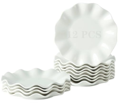 BABALIU 7 Inch Porcelain Small Dinner Plates, Set of 12, White Appetizer Wave Shaped Dessert Salad Serving Dishes for Cake, Snack, Ice Cream, Microwave, Oven, Dishwasher Safe (xB-7IN/TPD-BL/W/12)