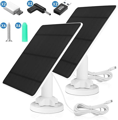 5W Solar Panel for Security Camera 2 Pack, 5V Solar Panel Charger with Micro USB, DC 3.5mm, USB & TYPE-C port, IP65 Waterproof Solar Charger for Camera with 9.8ft Cable, 360° Adjustable Bracket