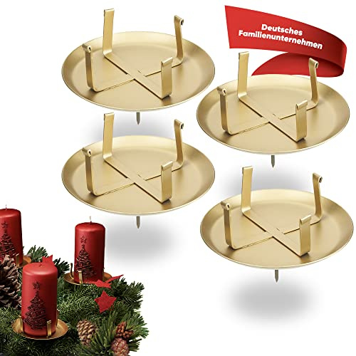 WIKAKERZEN Adventskerzenhalter 4er Set – Gold, ohne Dorn – stabile Kerzenhalter für Adventskranz, LED & Wachskerzen – Kerzenstecker für Ø 7 cm Kerze