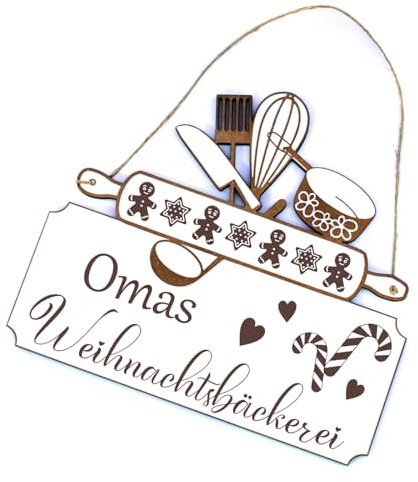 Schild Omas Weihnachtsbäckerei - Küche Türschild Weihnachten Backen Vintage Dekoschild Türdeko weihnachtliche Deko - 20 x 18 cm
