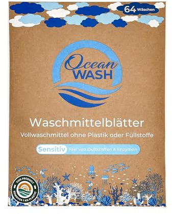 OceanWash Feuilles de lessive sensibles pour tous les textiles et couleurs, lingettes biodégradables, Laundry Detergent Sheets Lessive complète, 64 lavages