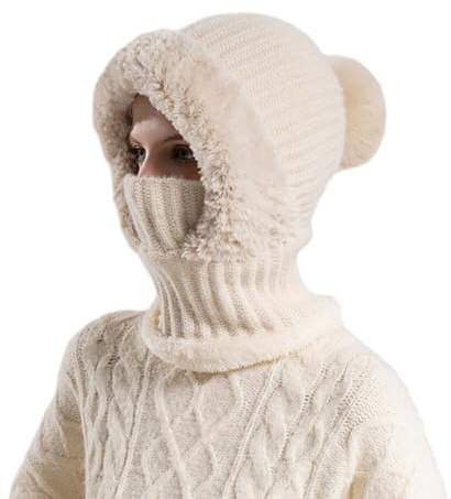 Schalmütze Damen,Winter Damen Strickmütze mit Ohrenschutz Warm Skimütze mit Schal Winter Sturmhaube Baseball Mütze Wintermütze mit Bommel Wintermütze mit Plüschfutter Outdoor Radfahren Skifahren