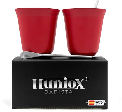 Huniox® 2 X 250 Ml | Kaffee Tasse – Kaffeegläser Doppelwandig – Kaffetassen Klein – Tasse Edelstahl Doppelwandig – Türkische Kaffeetassen | Inklusive 2 Designlöffel (Ruby, 250 Ml)