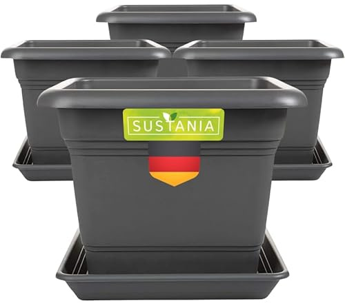 SUSTANIA Pflanzkübel Eckig 28x28 Anthrazit 4er Set - Robuster Blumentopf GroÃŸ, Ãœbertopf Ideal für Tomatenpflanzen, Eckige Pflanztöpfe Kunststoff für Garten & Balkon