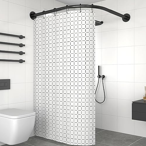 Viertelkreis Duschvorhangstange, Edelstahl L Form Eckduschstange ， Schwarz Rund-Duschstange Ohne Bohren, Ohne Deckenhalterung, für Badewanne & Dusche(Size:C 90-130cm x 90-130cm,Color:Schwarz)