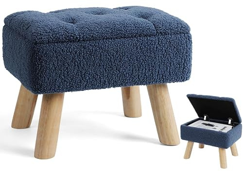 Sitzhocker Mit Stauraum, kleiner Fußhocker mit Stauraum, Fußstütze aus Bouclé-Teddy-Samt mit gepolstertem Sitz, Hocker mit stabilen Holzbeinen für Wohnzimmer, Schlafzimmer, Cremefarben (Dunkelblau)