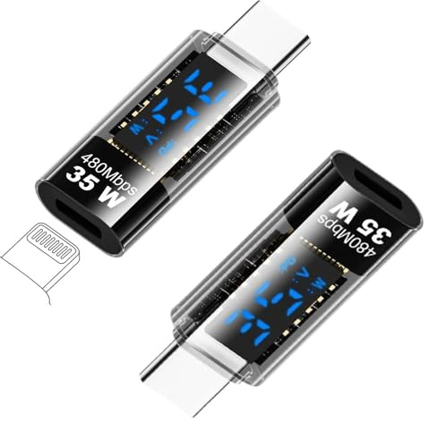 Adaptador USB C a Lightning con pantalla inteligente LED, 35 W tipo C USB-C hembra a Lightning macho, adaptador de carga rápida para iPhone 15/14/13/12/11, para iPad Pro/Air/Mini (Lightning/F a C/M)