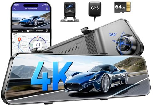 AZDOME 12 PG17 4K Spiegel Dashcam mit Rückfahrkamera, Auto Kamera mit WiFi, 64 GB-Karte, IPS-Touchscreen Dual Dash Cam Spiegel, Loop-Aufnahme und G-Sensor, WDR Nachtsicht, Parküberwachung, GPS