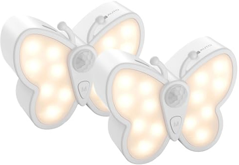 Nachtlicht mit Bewegungsmelder LED Akku Wandleuchte Innen Aufladbar USB Wandlampe Dimmbar Flurlampe Schmetterling Nachtlampe mit 3 Modi für Treppe Toilette Kinderzimmer Schrankbeleuchtung (2 Stück)