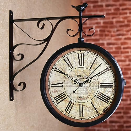 Orologi industriali su entrambi i lati, orologio da parete da giardino, stile vintage, con staffa per stazione ferroviaria per rotazione a 360°, orologio da appendere in ferro battuto