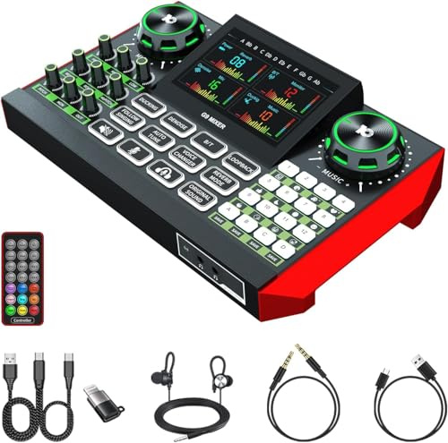 Audio Mixer, Sound Board for Pc/Phone Live Streaming Singing Gaming, Podcast Mixer for 3.5/6.35mm Dynamic Microphone, Live Sound Card with DJ Mixer Effects Voice Changer, Denoise, One Click Mute