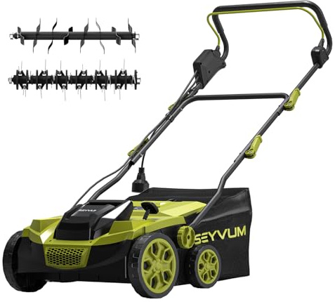 SEYVUM 15 Amp 15 inch Electric Dethatcher and Scarifier, Corded Lawn Dethatcher with 40L Collection Bag, 5-Position Working Height, Green