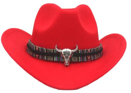 AMSLSIU Herrenhut mit großer Krempe, Leichter Kaschmir, einzigartiger Cowboyhut aus Metall mit Kuhkopf, Western Outback Cowboyhut mit Stierkopf aus Metall, Rot