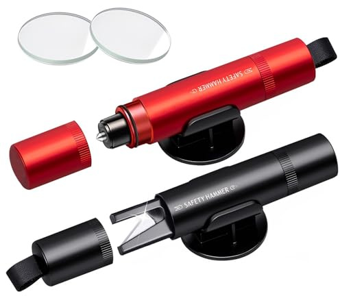 2 Pièces Marteau de Secours Brise Vitre Voiture 2 en 1, Brise Vitre et Coupe Ceinture avec 2 Socles, Outil d'Évasion d'urgence Compact, Accessoire de Sécurité Automobile Essentiel (Noir+Rouge)