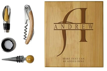 Personalised Wine Accessories Gift Set with Corkscrew, Stopper, Pourer, Drip Ring in Wooden Box, 16 x 15 x 4 cm, Name and Alphabet