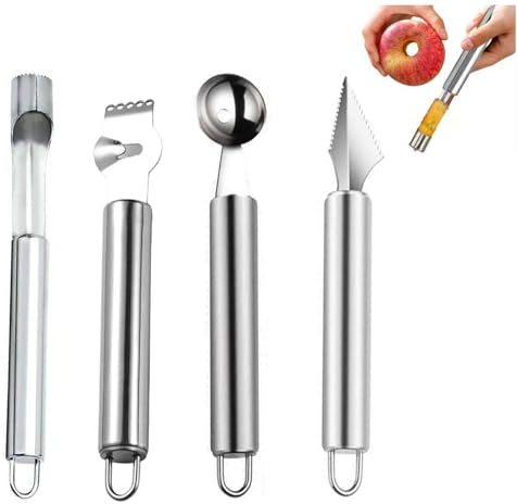 4 Stück Kugelausstecher, Apfelentkerner, Fruchtschnitzwerkzeug Melonenlöffel, Obstschneider Zitronenschaber, Edelstahl Küchenwerkzeug Cutter, Apfelausstecher Obst Werkzeug Set für DIY-Obstsalate