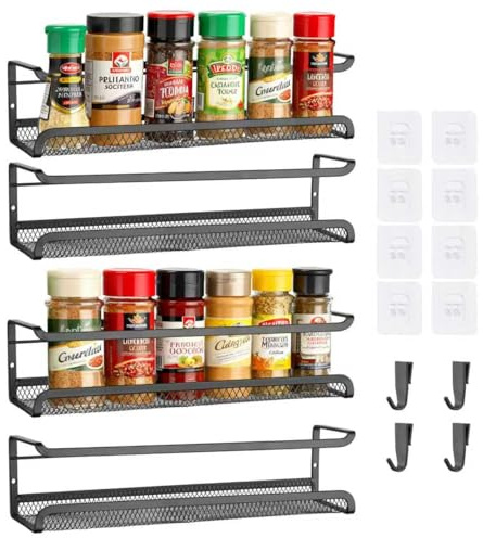Gunolye Spice Rack Organiser, 4 Tier Wall Mounted Cabinet Storage, Space Saving Spice Rack, Kitchen Hanging Spice Shelf Cupboard Door for Spices and Condiments, Jars