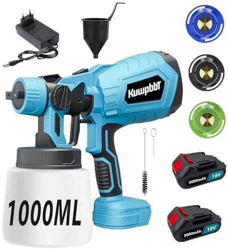 500W Akku Farbspritzpistole,Ersatz für Makita,HVLP Spritzpistole 1000 ml Behälter,Farbspritzpistole 3 Düsen und 3 Spritzmuster ，für Garten Zaun (2X3000mAh Akku) ﻿