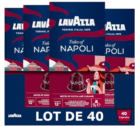 Lavazza, Tales of Napoli, 40 Capsules Café Compatibles avec les Machines Nespresso Original, Notes de Cacao et Caramel, Arabica et Robusta, Intensité 12/13, Torréfaction Foncé, 4 Paquets